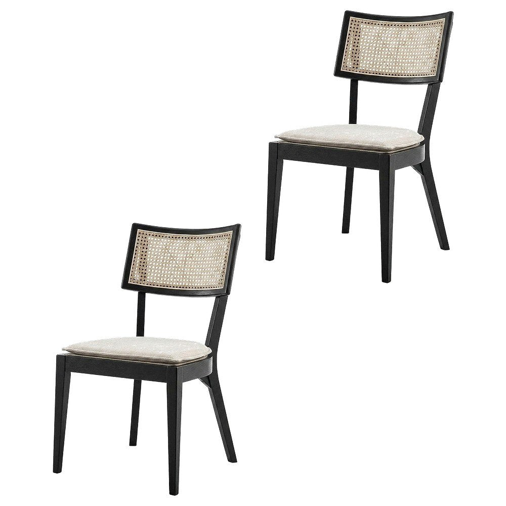 Fabric-Upholstered Wood Dining Chairs, Black Beige, Set of 2