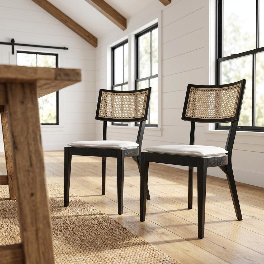 Fabric-Upholstered Wood Dining Chairs, Black White, Set of 2