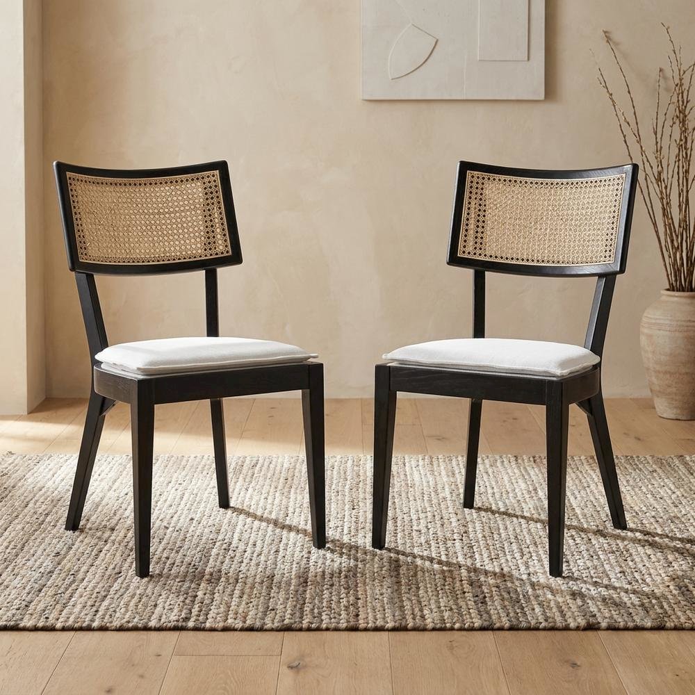 Fabric-Upholstered Wood Dining Chairs, Black White, Set of 2