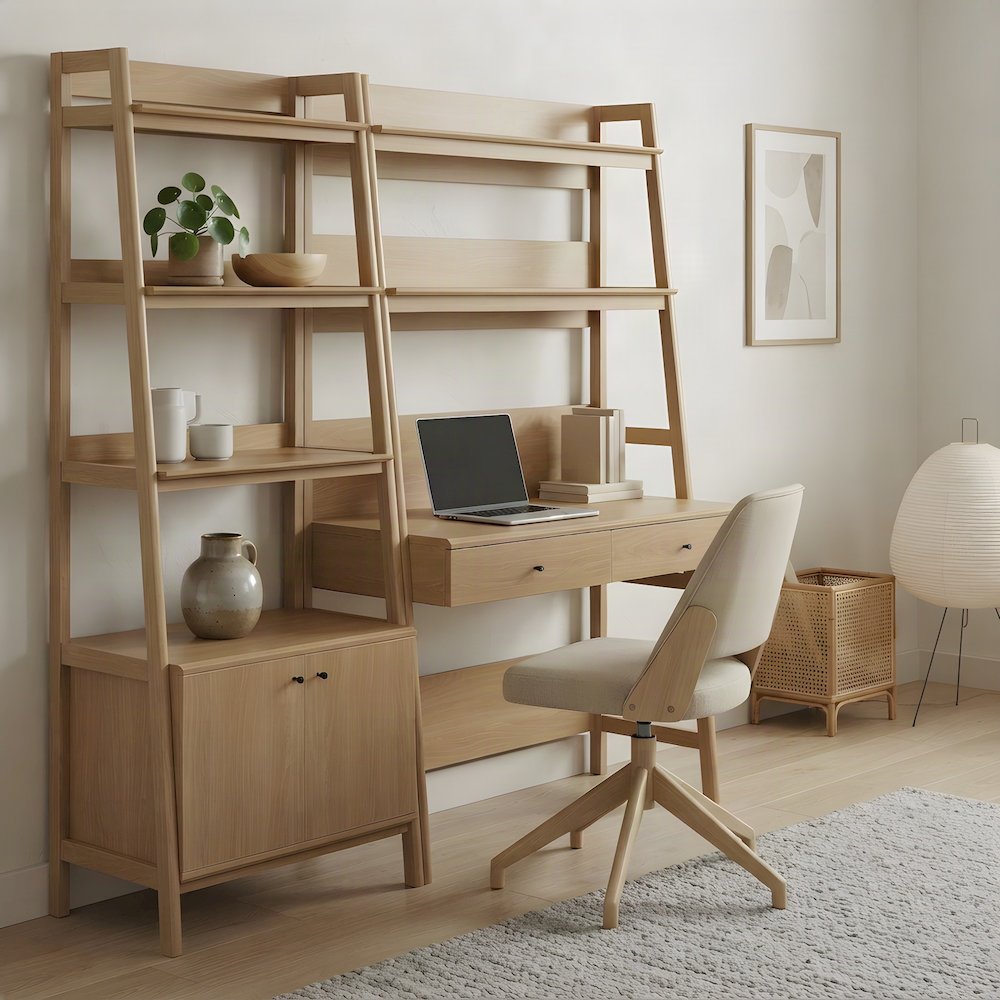 Wood Computer Desk with Hutch and Open Shelf Storage, 2-Piece, Oak