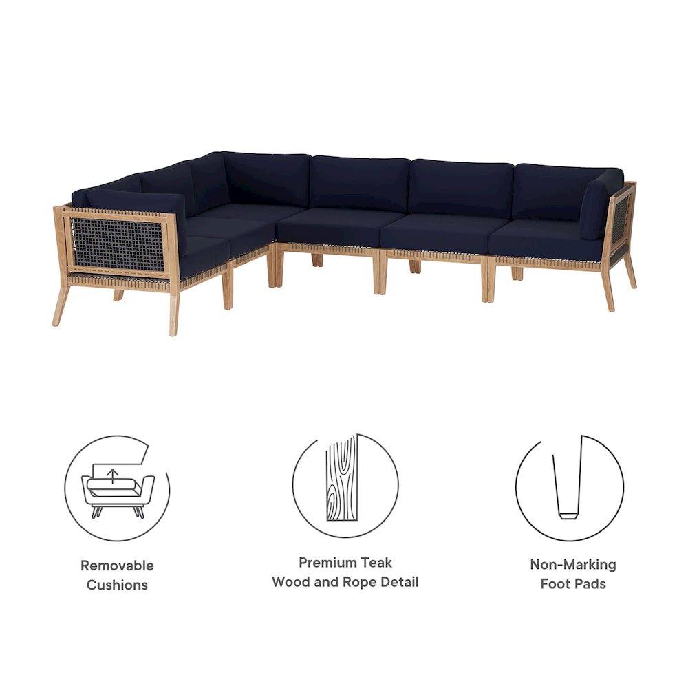 Clearwater 6-Piece Outdoor Patio Teak Wood Sectional Sofa