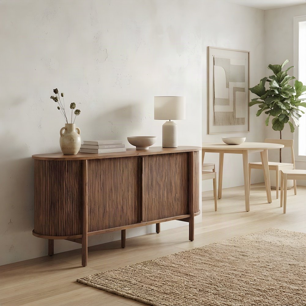 Curved Wood Sideboard Buffet Cabinet with Credenza Storage, Walnut