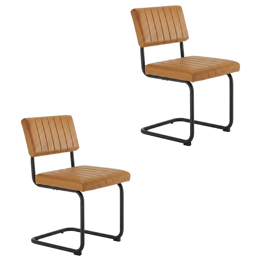 Vegan Leather Dining Side Chair with Cushioned Seat, Black Tan, Set of 2