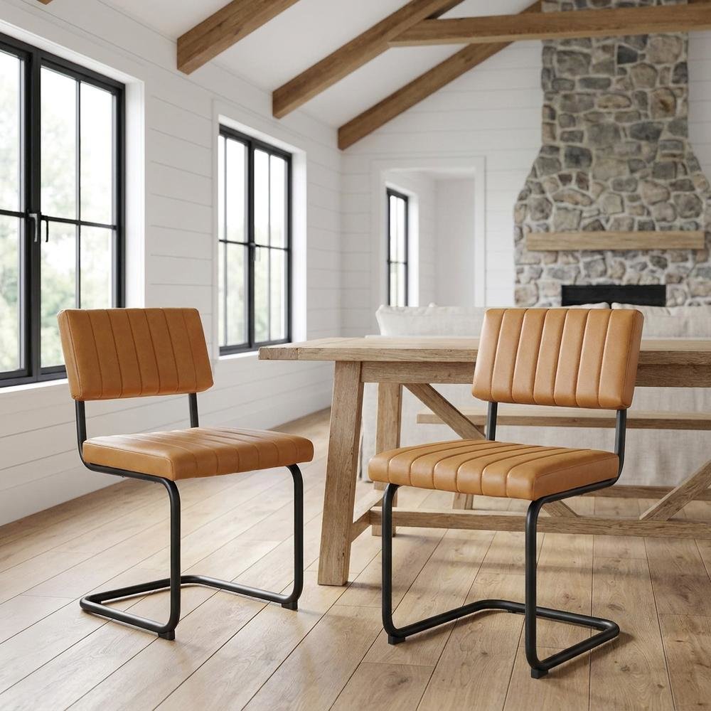 Vegan Leather Dining Side Chair with Cushioned Seat, Black Tan, Set of 2
