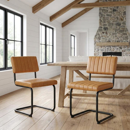 Vegan Leather Dining Side Chair with Cushioned Seat, Black Tan, Set of 2
