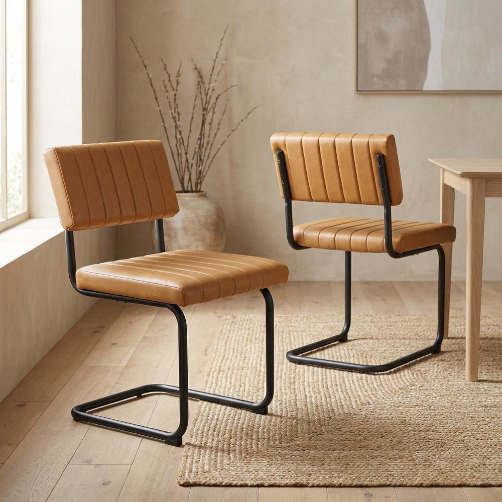 Vegan Leather Dining Side Chair with Cushioned Seat, Black Tan, Set of 2