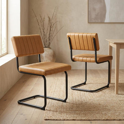 Vegan Leather Dining Side Chair with Cushioned Seat, Black Tan, Set of 2
