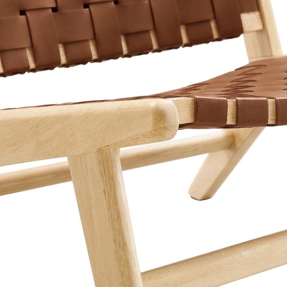 Leather Accent Lounge Chair with Wooden Base for Living Room, Natural Brown