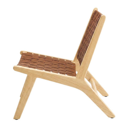 Leather Accent Lounge Chair with Wooden Base for Living Room, Natural Brown
