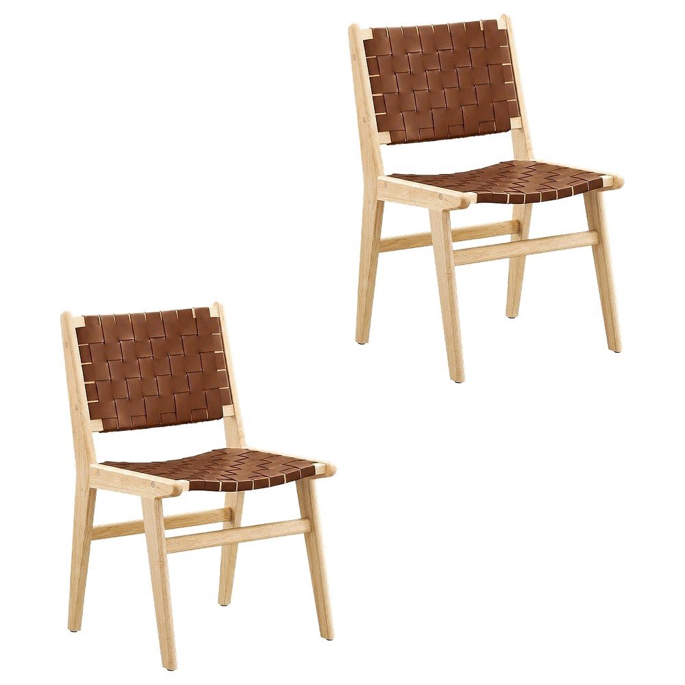 Leather-Upholstered Wood Dining Side Chairs, Natural Brown, Set of 2