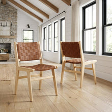 Leather-Upholstered Wood Dining Side Chairs, Natural Brown, Set of 2