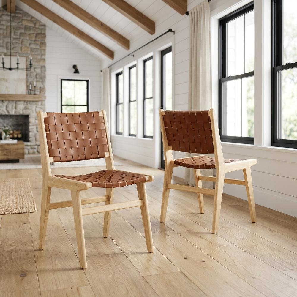 Leather-Upholstered Wood Dining Side Chairs, Natural Brown, Set of 2