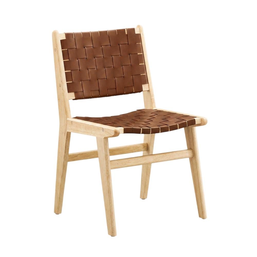 Leather-Upholstered Wood Dining Side Chairs, Natural Brown, Set of 2