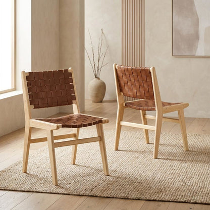 Leather-Upholstered Wood Dining Side Chairs, Natural Brown, Set of 2
