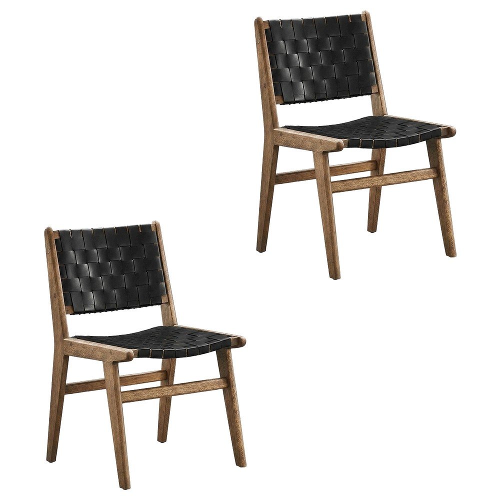 Leather-Upholstered Wood Dining Side Chairs, Walnut Black, Set of 2