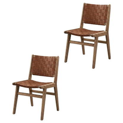 Leather-Upholstered Wood Dining Side Chairs, Walnut Brown, Set of 2