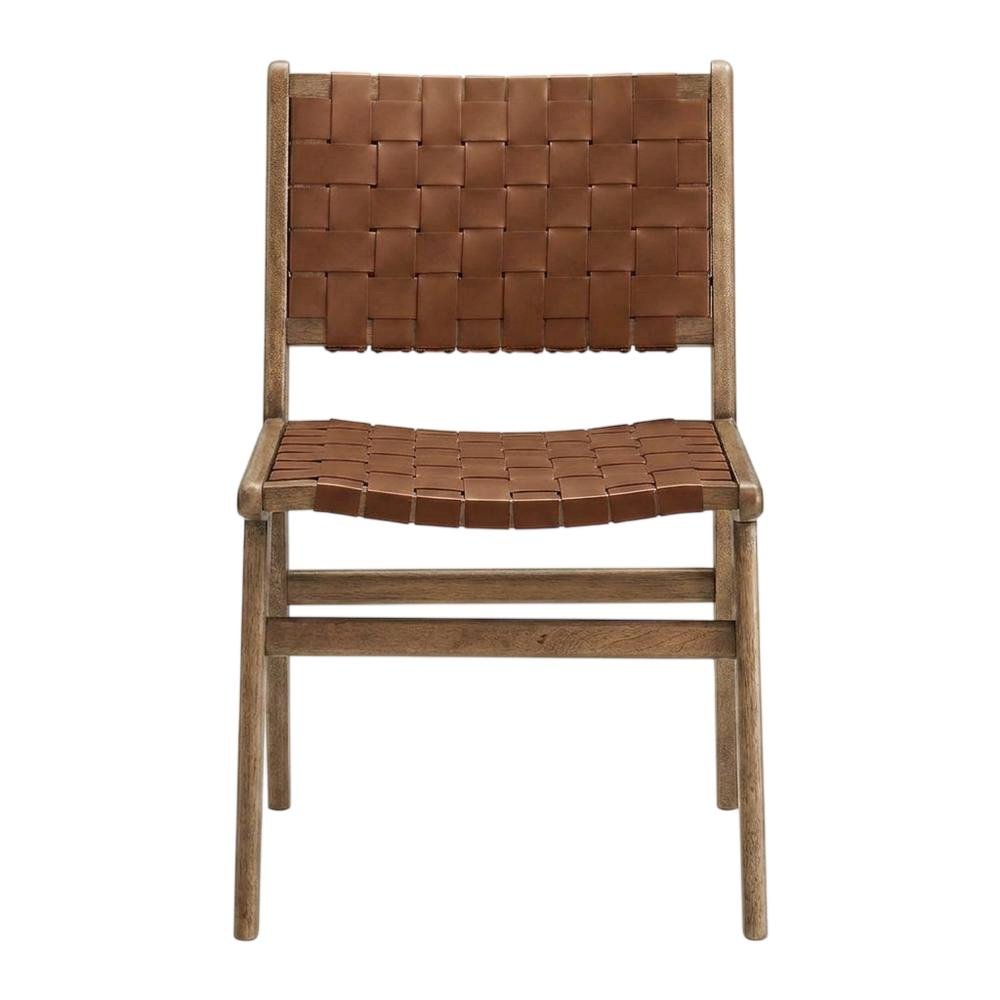 Leather-Upholstered Wood Dining Side Chairs, Walnut Brown, Set of 2