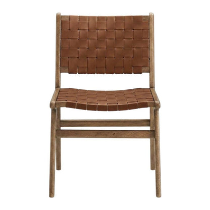 Leather-Upholstered Wood Dining Side Chairs, Walnut Brown, Set of 2