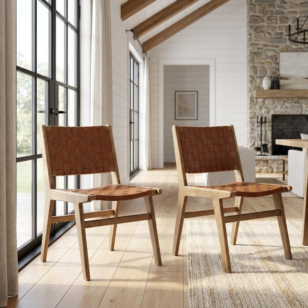 Leather-Upholstered Wood Dining Side Chairs, Walnut Brown, Set of 2