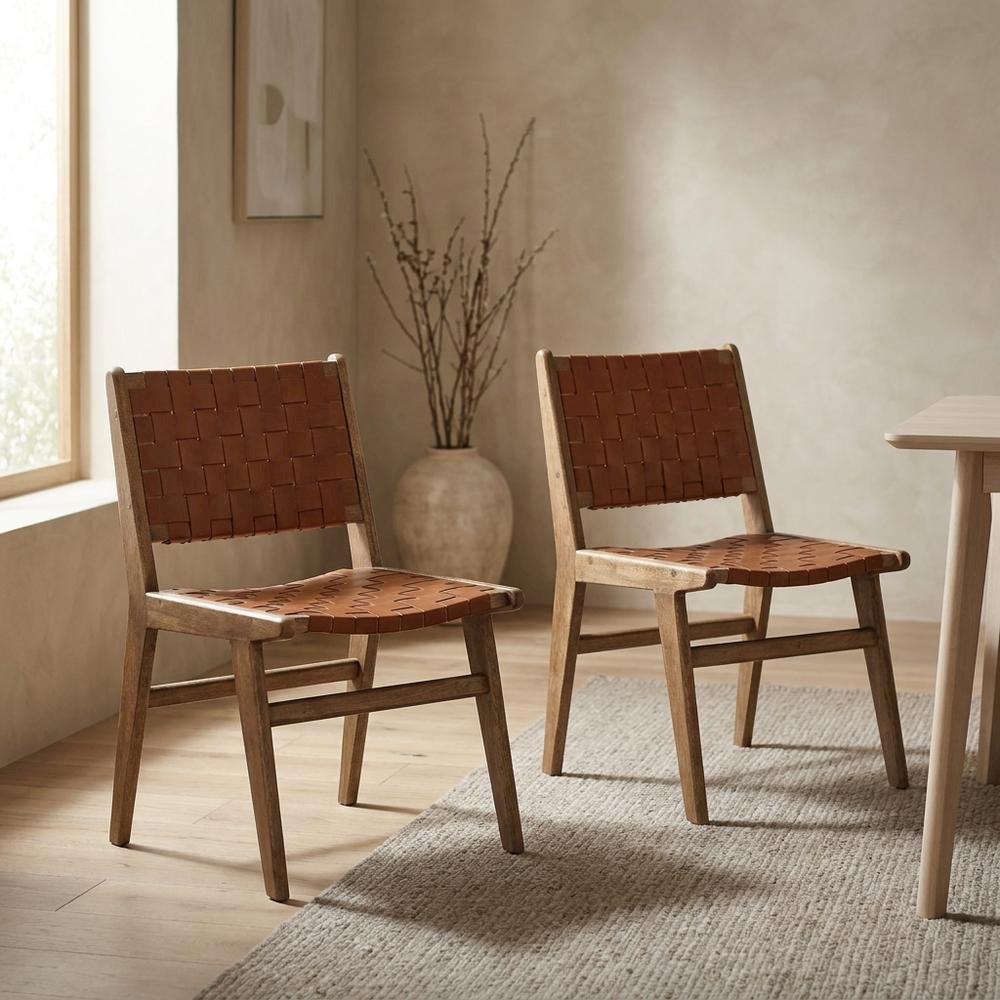 Leather-Upholstered Wood Dining Side Chairs, Walnut Brown, Set of 2