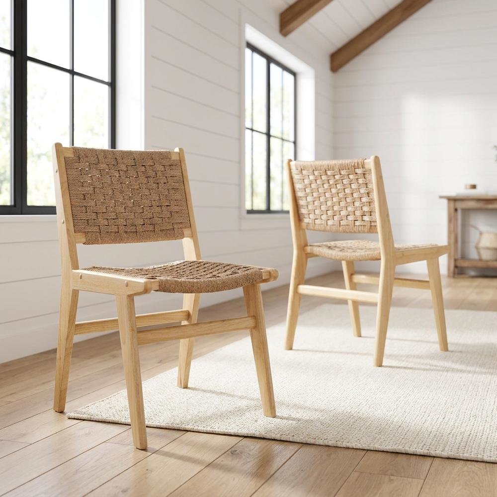 Woven Rope Wood Dining Side Chairs, Natural Natural, Set of 2