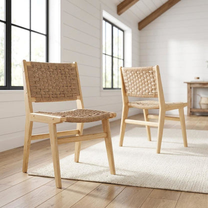 Woven Rope Wood Dining Side Chairs, Natural Natural, Set of 2