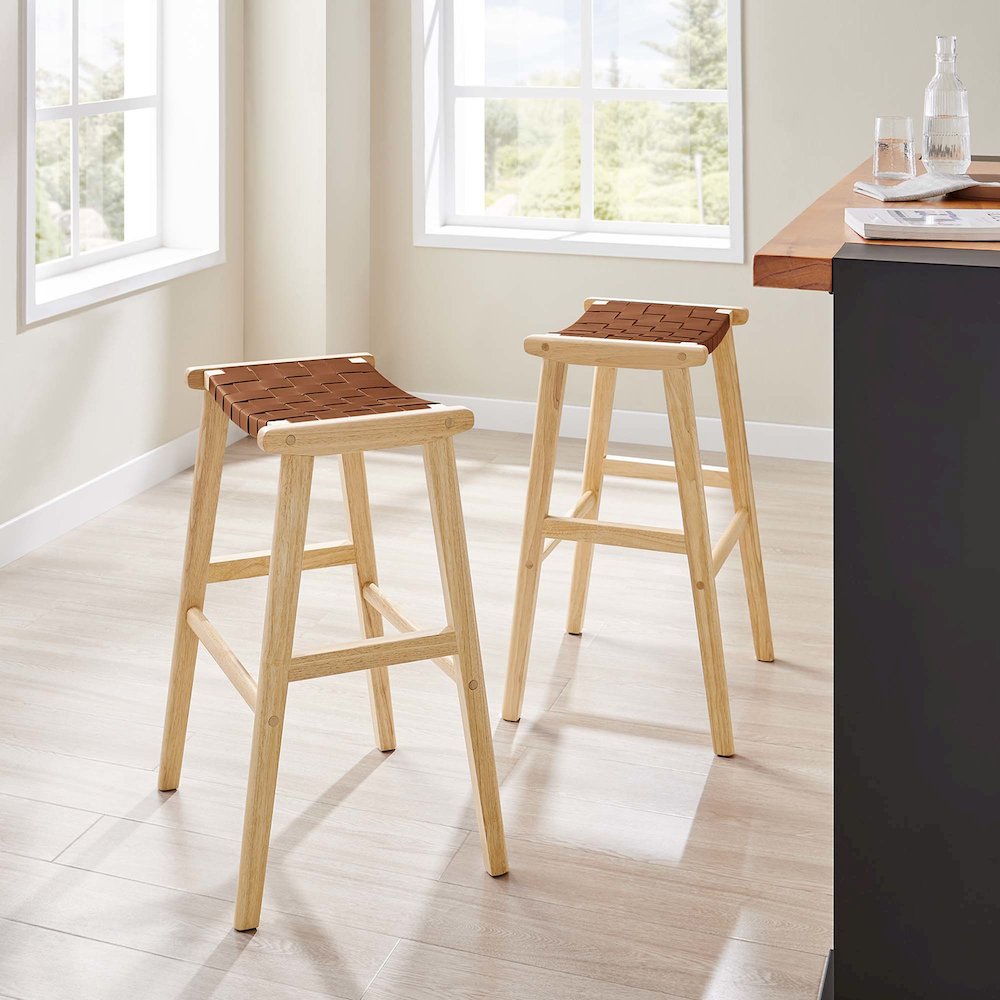 Saoirse Leather Wood Bar Stool Set of 2