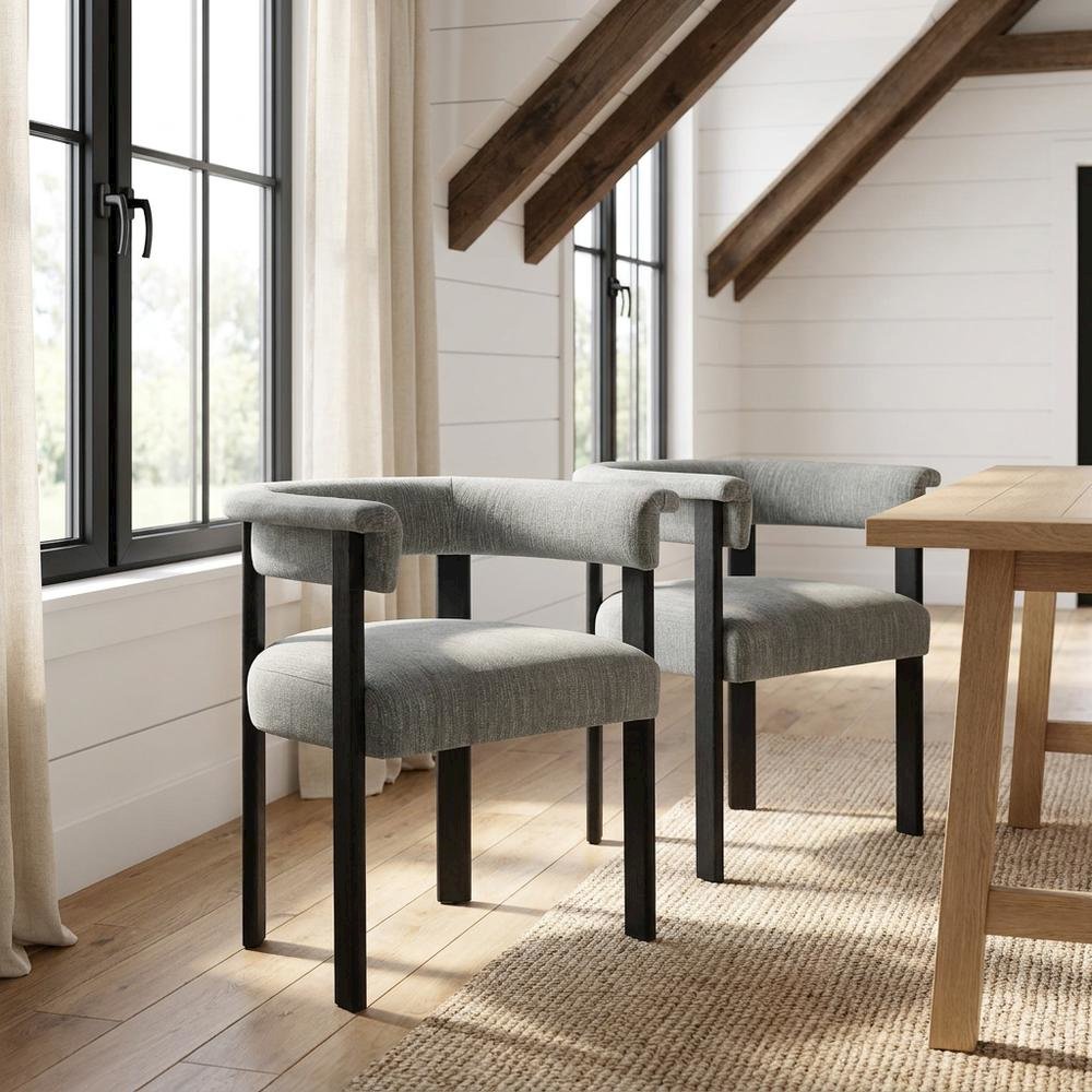 Fabric Upholstered Barrel Dining Chairs, Heathered Weave Gray Black, Set of 2