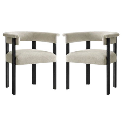 Fabric Upholstered Barrel Dining Chairs, Heathered Weave Ivory Black, Set of 2