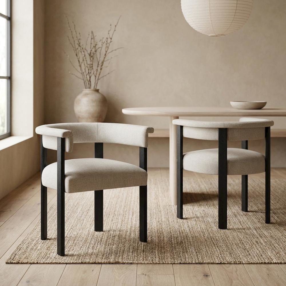 Fabric Upholstered Barrel Dining Chairs, Heathered Weave Ivory Black, Set of 2