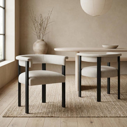 Fabric Upholstered Barrel Dining Chairs, Heathered Weave Ivory Black, Set of 2
