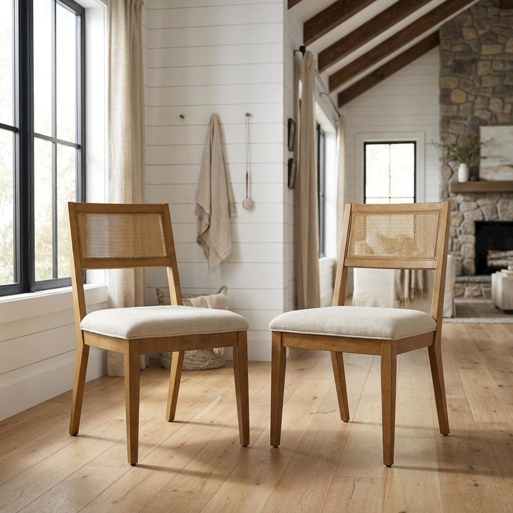 Faux Rattan Fabric Modern Dining Room Chairs, Heathered Weave Ivory, Set of 2