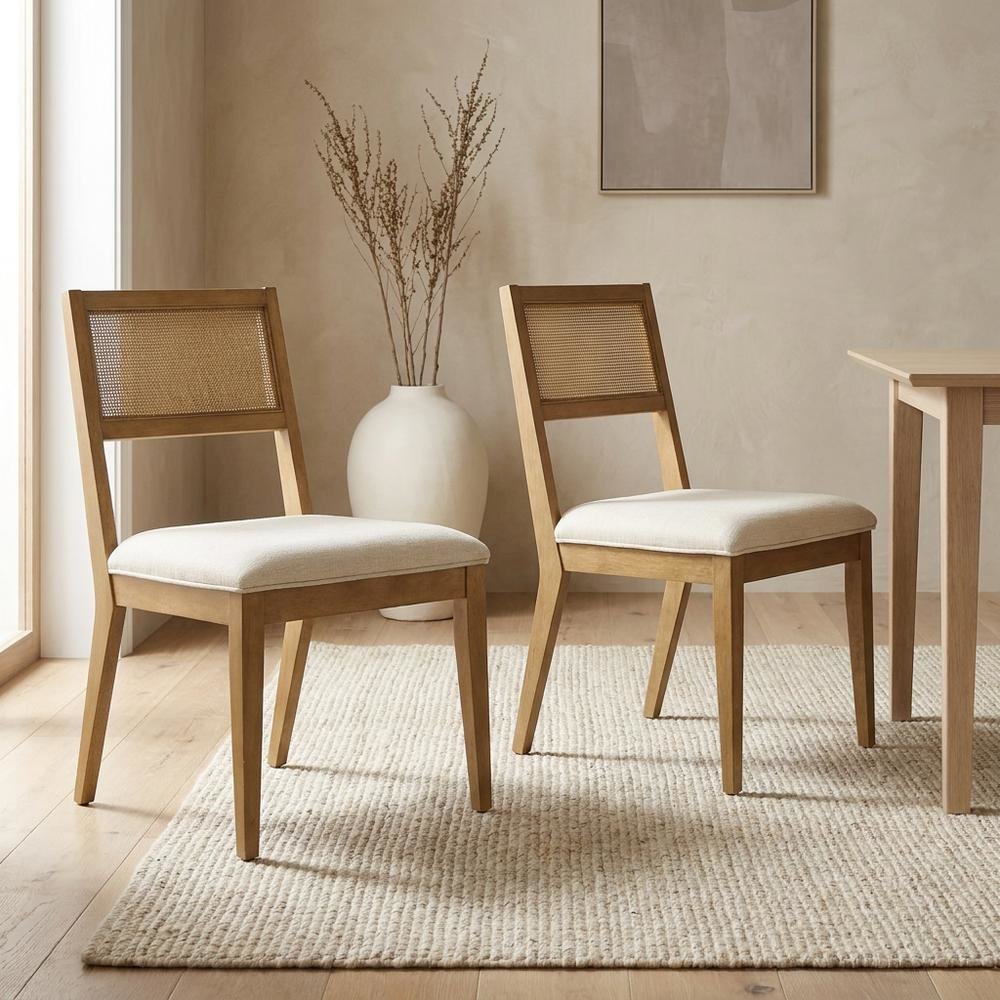 Faux Rattan Fabric Modern Dining Room Chairs, Heathered Weave Ivory, Set of 2