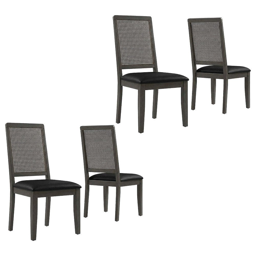 Vegan Leather Upholstered Faux Rattan Dining Chairs, Black Black, Set of 2