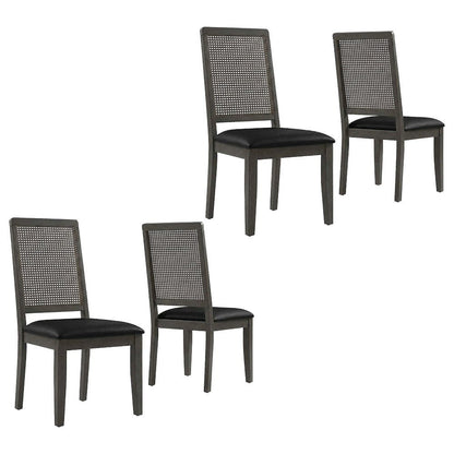 Vegan Leather Upholstered Faux Rattan Dining Chairs, Black Black, Set of 2