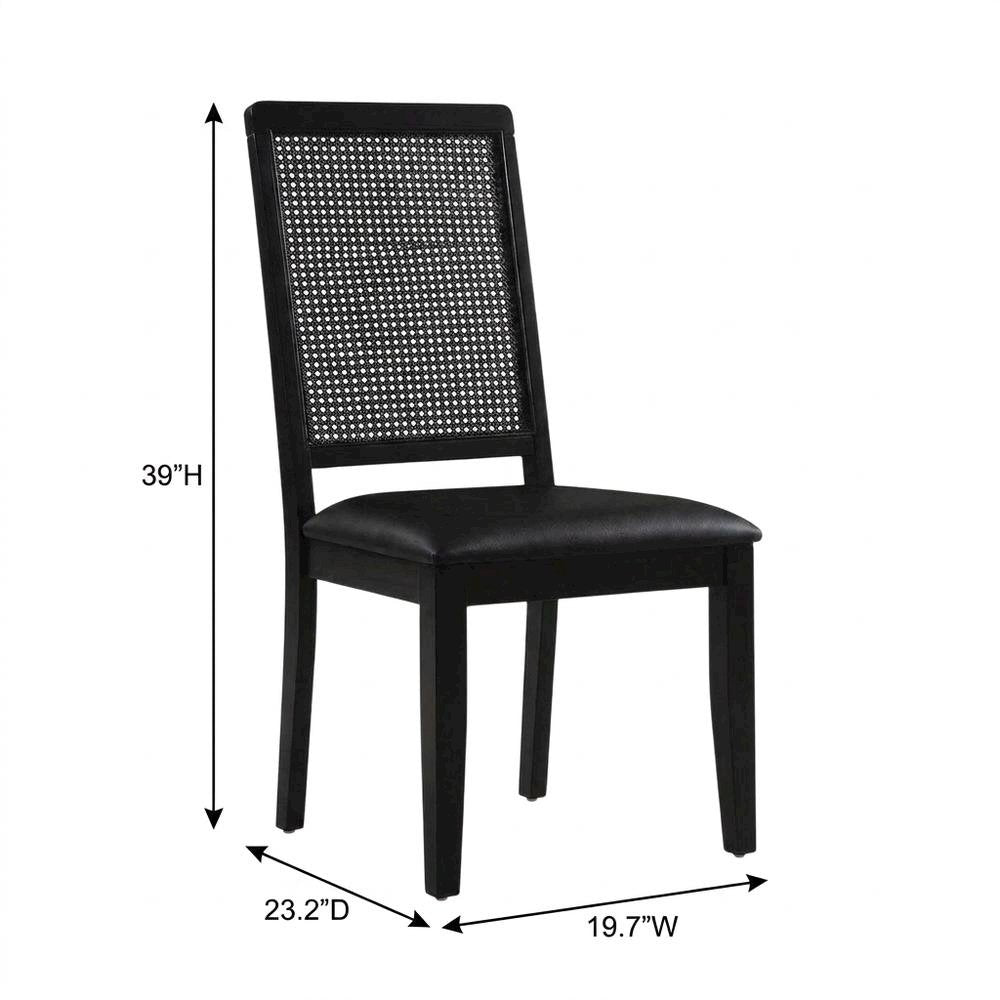 Vegan Leather Upholstered Faux Rattan Dining Chairs, Black Black, Set of 2