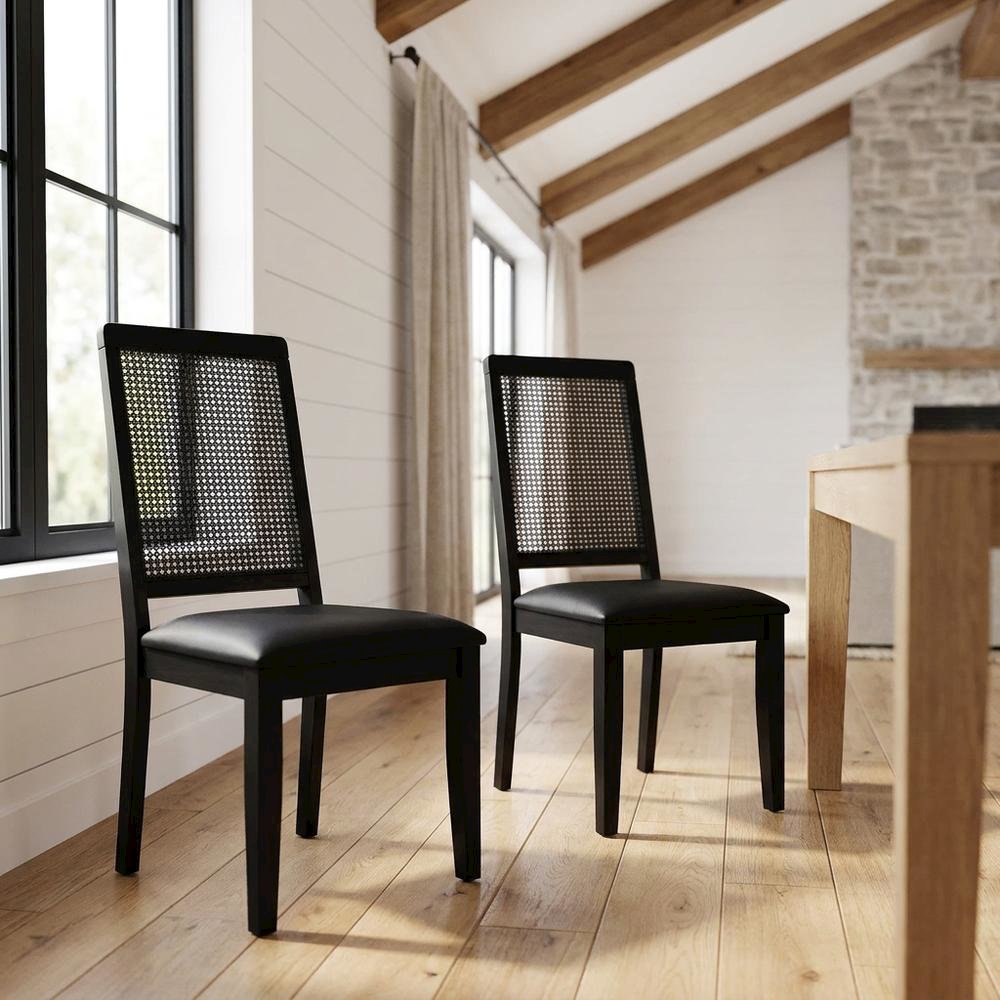 Vegan Leather Upholstered Faux Rattan Dining Chairs, Black Black, Set of 2