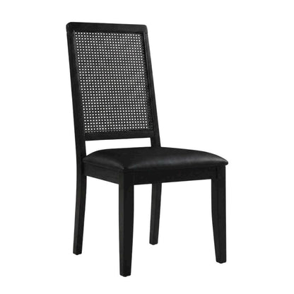 Vegan Leather Upholstered Faux Rattan Dining Chairs, Black Black, Set of 2
