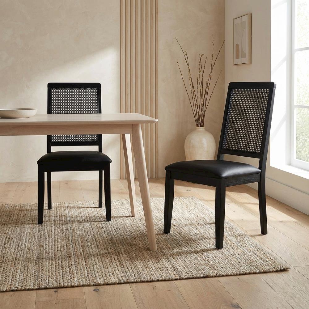 Vegan Leather Upholstered Faux Rattan Dining Chairs, Black Black, Set of 2