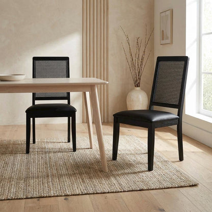 Vegan Leather Upholstered Faux Rattan Dining Chairs, Black Black, Set of 2