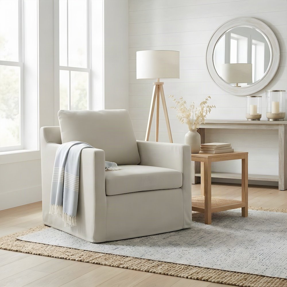 Wood Slipcovered Swivel Accent Chair for Living Room, Salt
