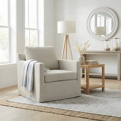 Wood Slipcovered Swivel Accent Chair for Living Room, Salt