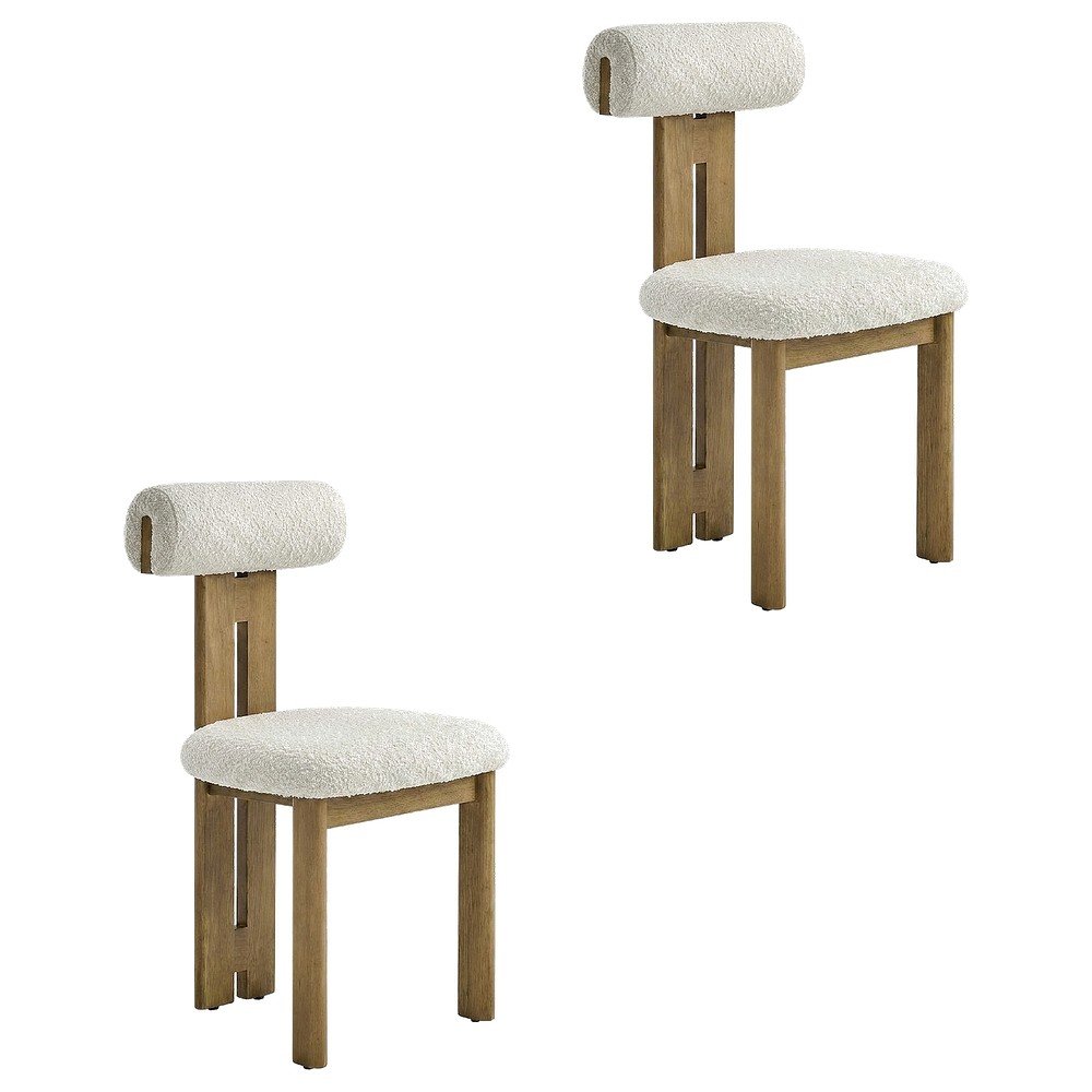 Boucle Fabric Upholstered Dining Chairs, French Oak Ivory, Set of 2