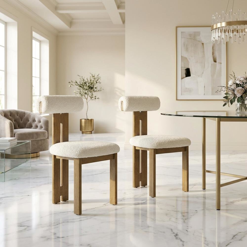 Boucle Fabric Upholstered Dining Chairs, French Oak Ivory, Set of 2
