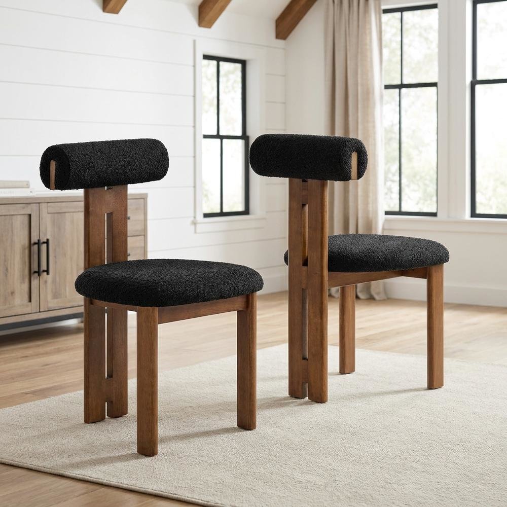 Boucle Fabric Upholstered Dining Chairs, Walnut Black, Set of 2