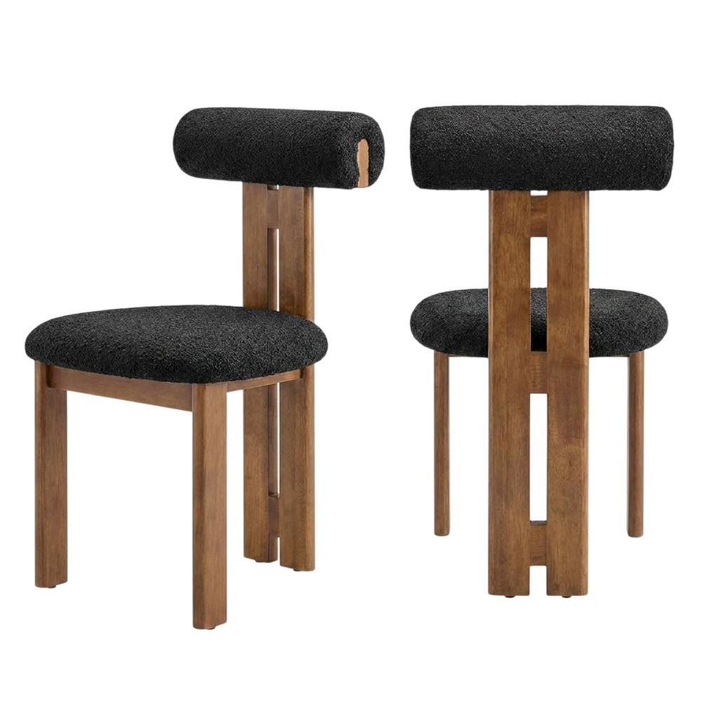 Boucle Fabric Upholstered Dining Chairs, Walnut Black, Set of 2