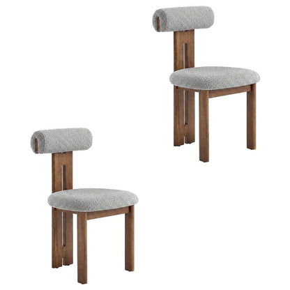 Boucle Fabric Upholstered Dining Chairs, Walnut Light Gray, Set of 2