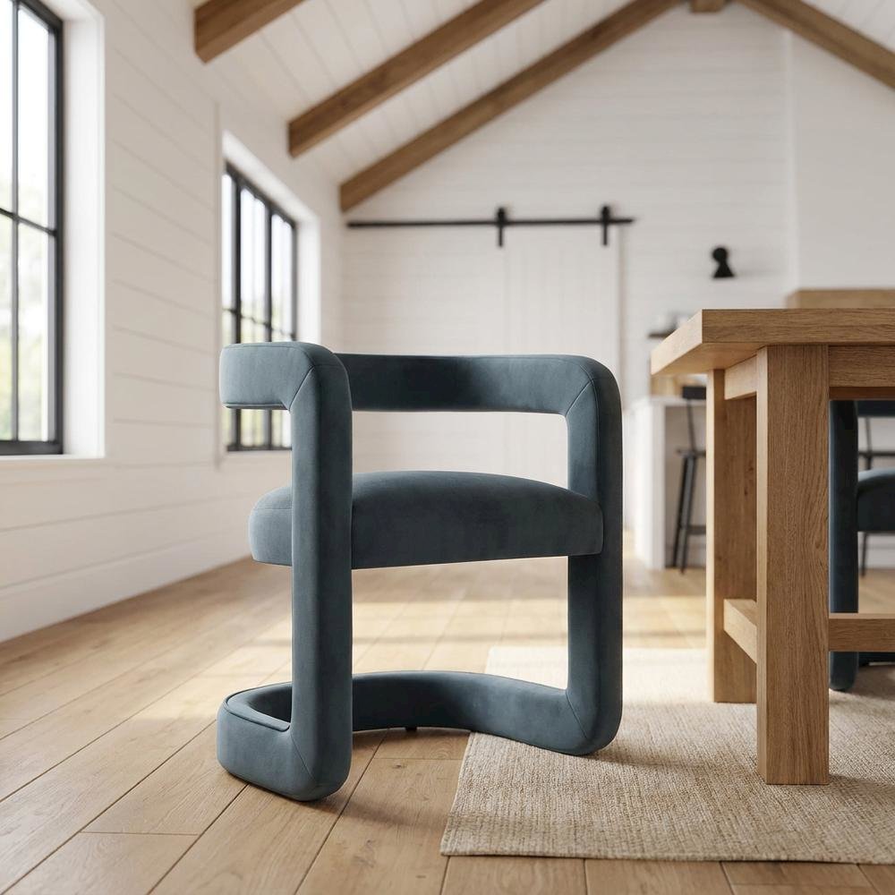 Performance Velvet Barrel Dining Chair with Arms, Cadet Blue