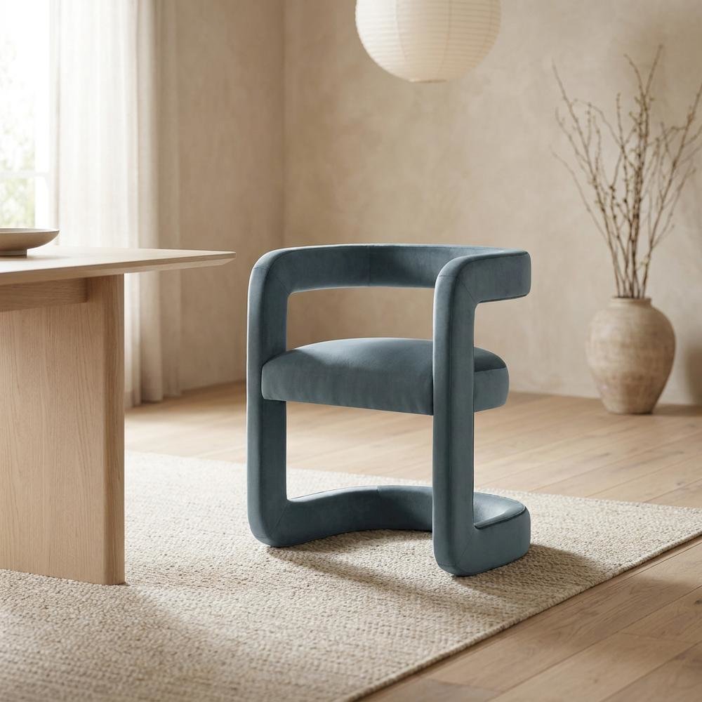 Performance Velvet Barrel Dining Chair with Arms, Cadet Blue