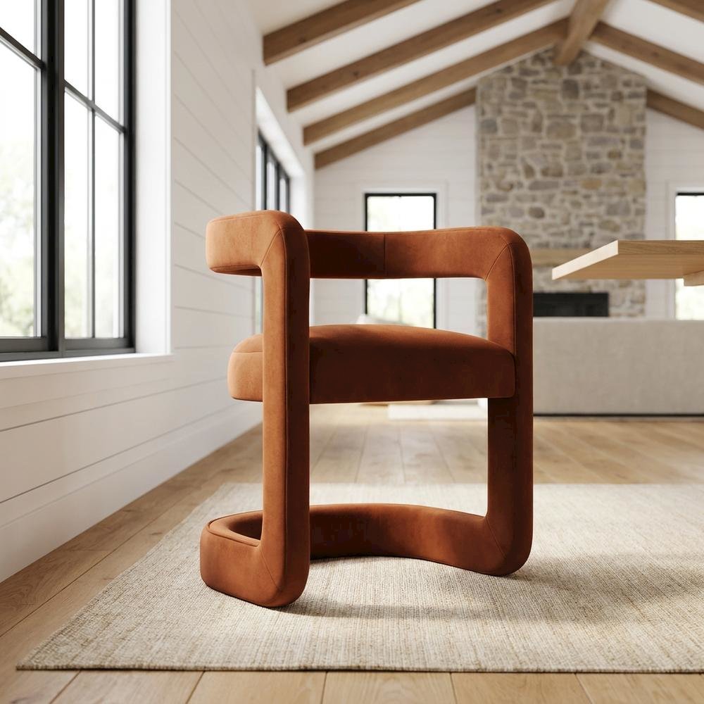 Performance Velvet Barrel Dining Chair with Arms, Rust